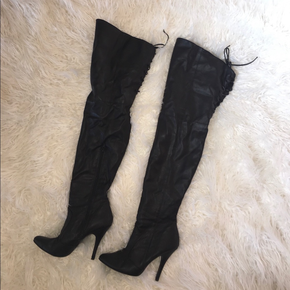 Thigh high black faux leather boots